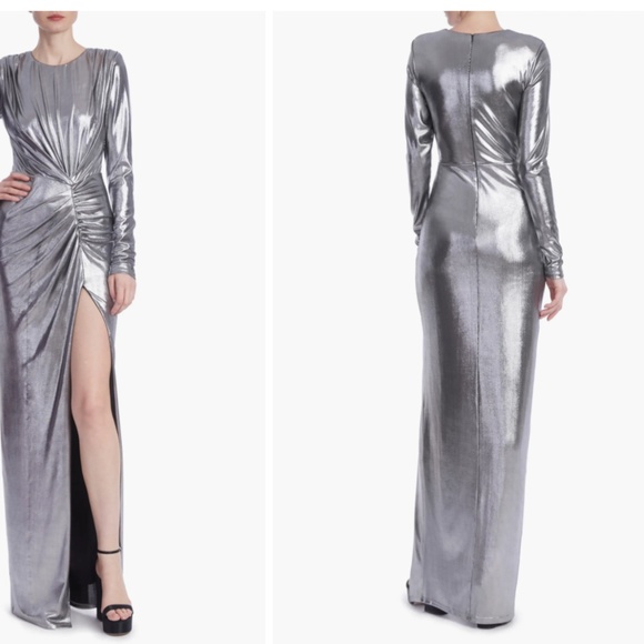 Jewel BADGLEY MISCHKA Silver Metallic Ruched Gown with High Slit Size 6 - Picture 5 of 9